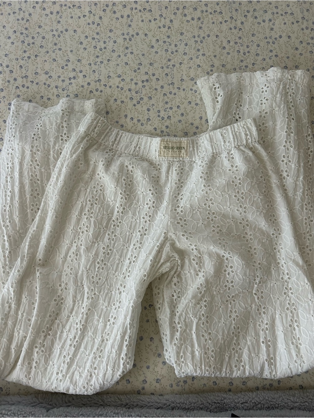 Studio White Eyelet Wide-Leg Pants
